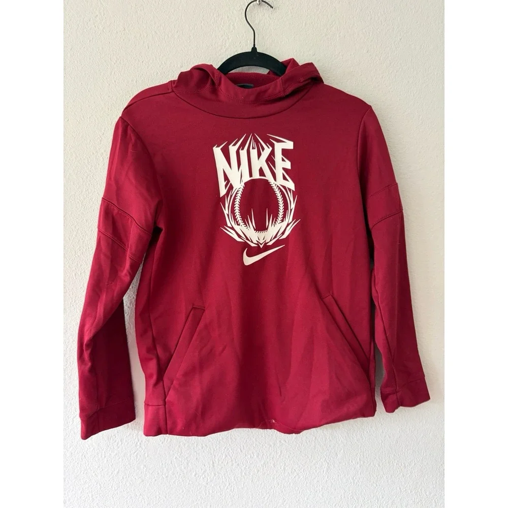 Boys' Nike Dri-Fit Logo Graphic Print Therma Football Hoodie Burgundy Sz L